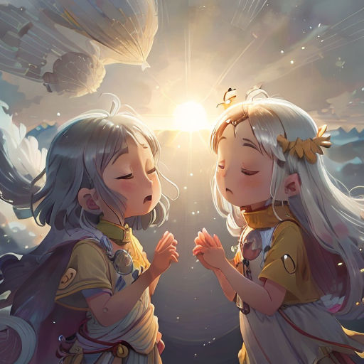 two little girls standing next to each other in front of a sky with clouds and stars and a sun