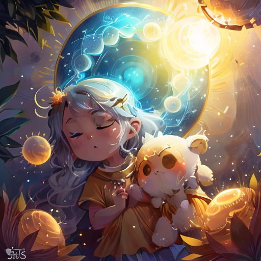 a girl holding a teddy bear in her arms with bubbles floating around her head and a moon in the background