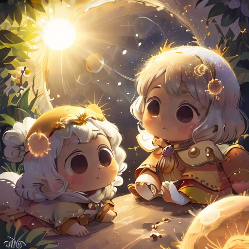 two little girls sitting on a rock in the woods with a sun shining behind them and a moon shining above them