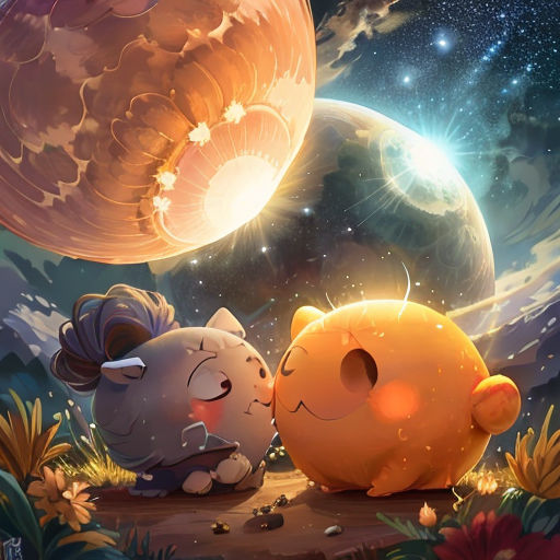 a couple of animals that are sitting in the grass near a planet with a star in the background and a moon in the sky