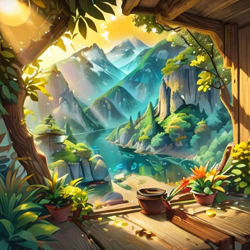 a painting of a mountain landscape with a wooden table and potted plants on it, with a view of a river and mountains