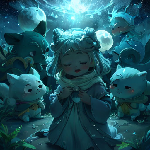 a girl standing in front of a group of cats and a star filled sky with stars and moon in the background
