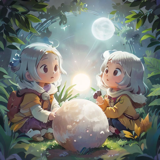 two children are looking at a ball in the woods with a light shining on it and a moon in the background