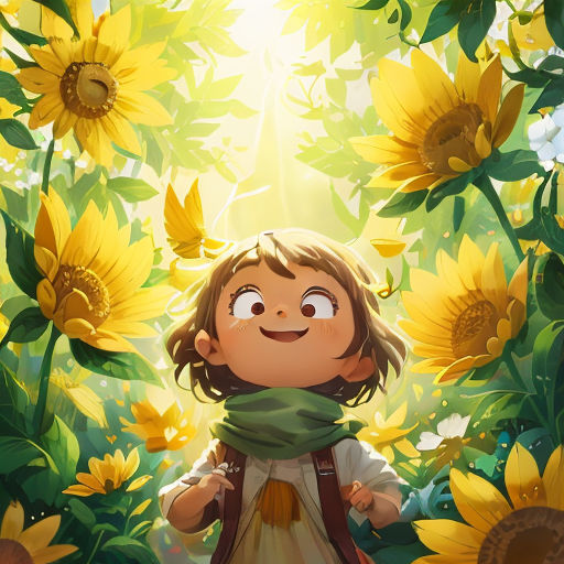 a little girl standing in a field of sunflowers with a scarf around her neck and a smile on her face