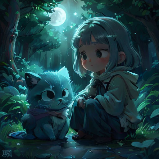 a girl sitting next to a cat in the woods at night with a full moon behind her and a forest scene behind her