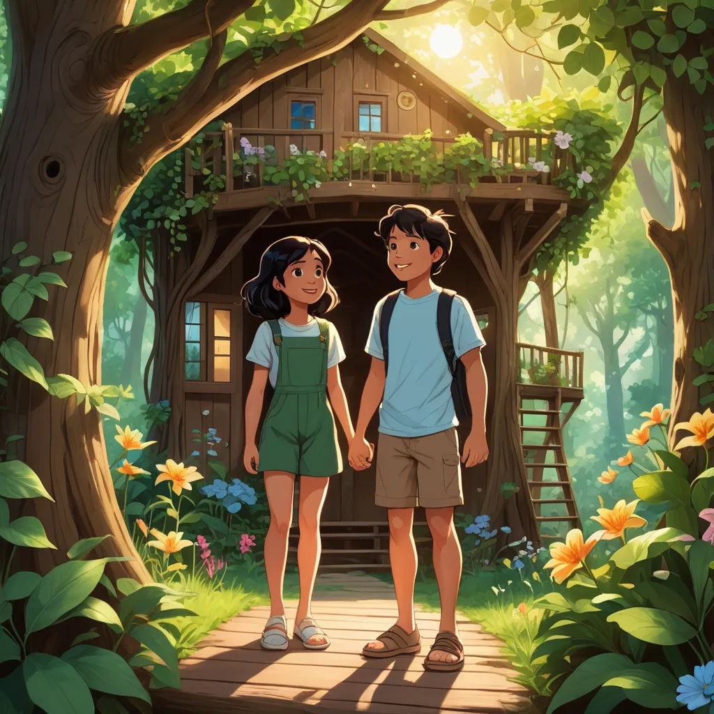 a boy and a girl standing in front of a tree house in the woods with flowers and trees around them, sots art, a storybook illustration, Aaron Jasinski, official art