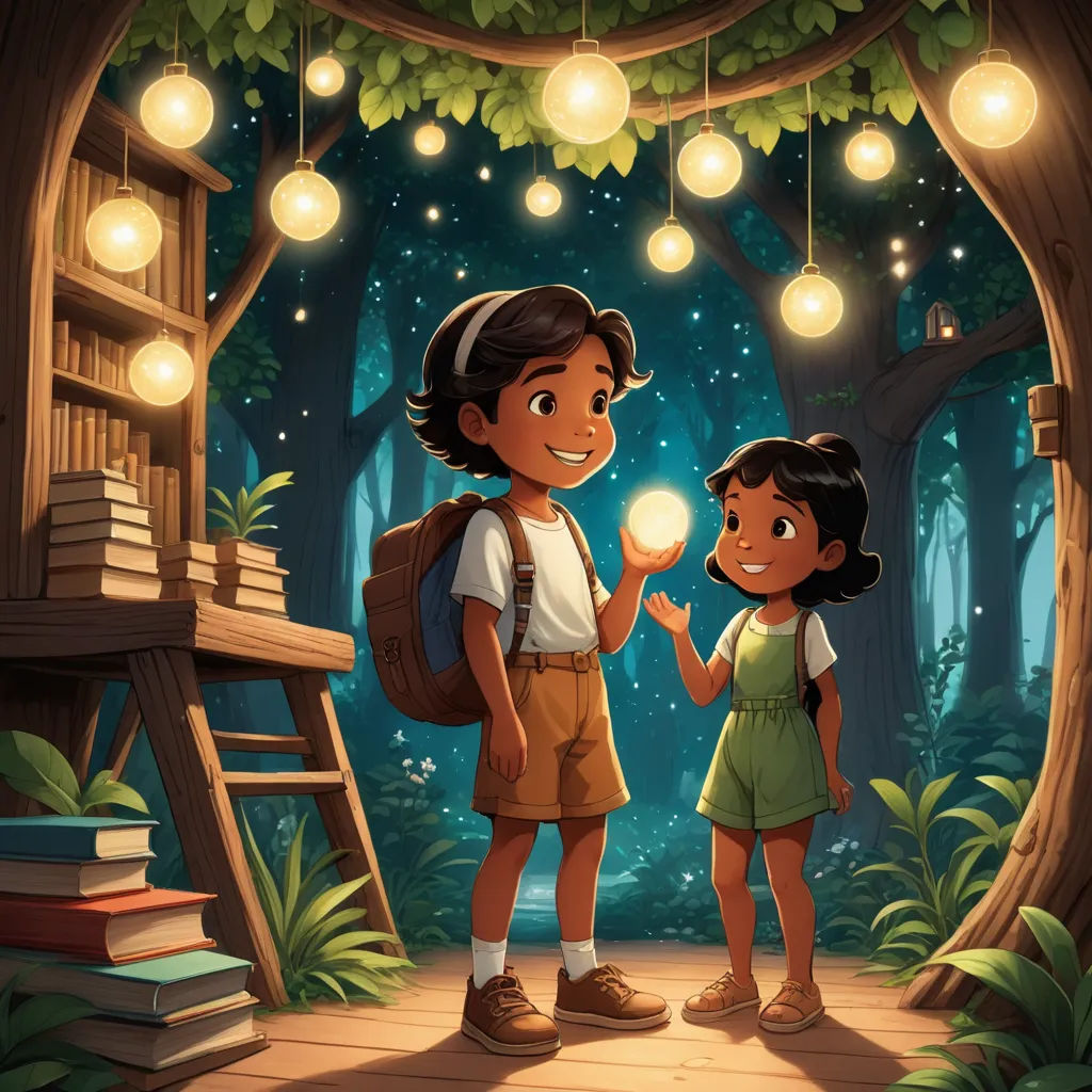 a boy and a girl standing in a forest with a light bulb above them and a ladder to the tree, fantasy art, a storybook illustration, Anthony Devas, storybook illustration