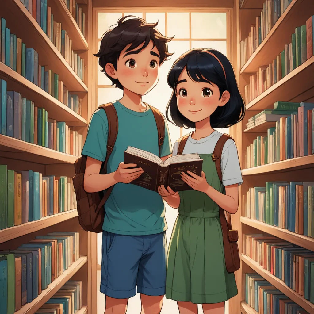 a boy and a girl are standing in a library reading a book together and looking at the camera with a smile, fantasy art, a storybook illustration, Cyril Rolando, storybook illustration
