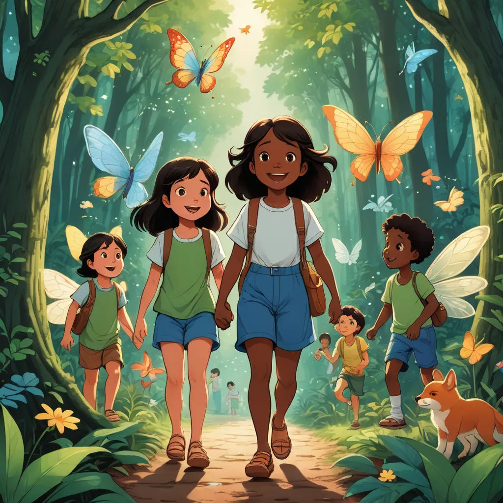 a group of children walking through a forest with butterflies flying overhead and a woman holding hands with a child, magical realism, a storybook illustration, Cliff Childs, promotional image