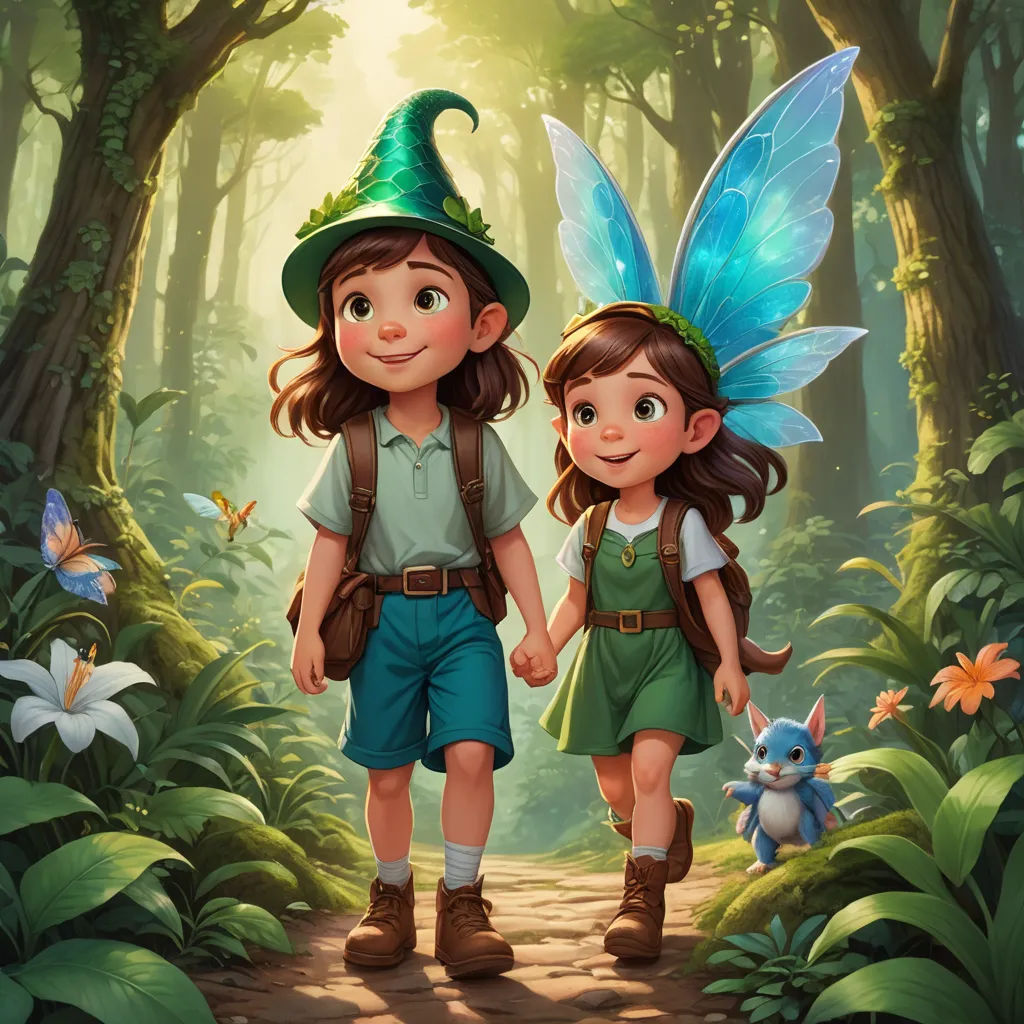 a couple of kids walking through a forest holding hands and wearing fairy costumes and holding hands with a stuffed animal, fantasy art, a storybook illustration, Clint Cearley, official art