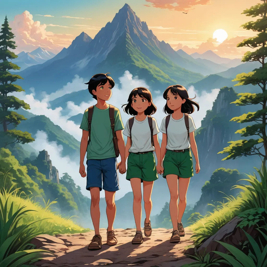 a couple of people standing on a dirt road near a mountain range with trees and clouds in the background, sots art, poster art, Brothers Hildebrandt, ghibli