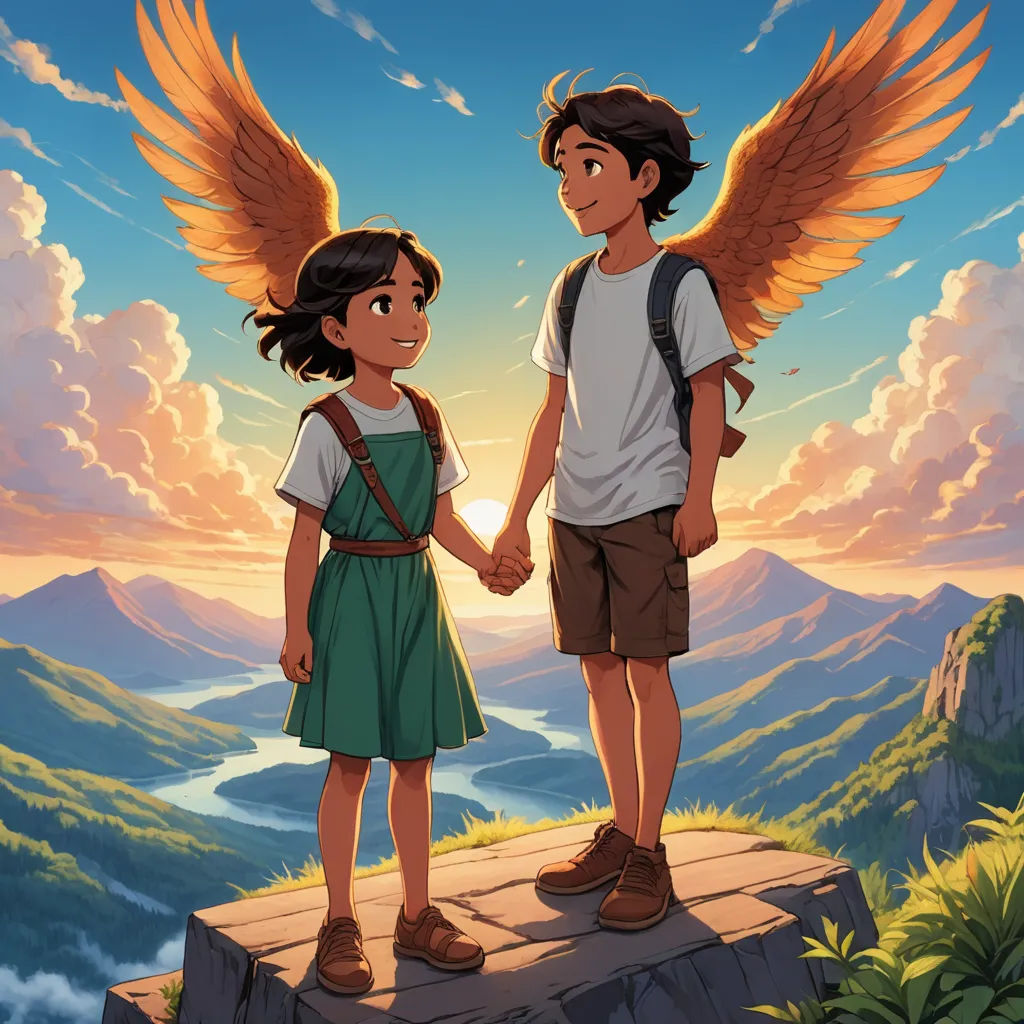a boy and a girl holding hands on a cliff with a sunset in the background and a mountain range in the foreground, magical realism, a storybook illustration, Aaron Jasinski, rossdraws global illumination