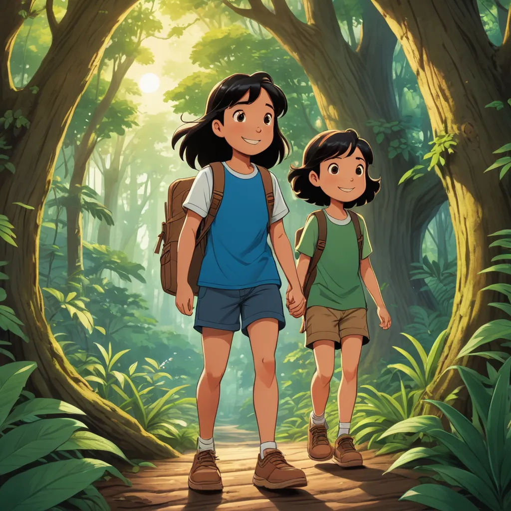 a couple of kids walking through a forest holding hands and smiling at the camera with a backpack on their back, les nabis, poster art, Anne Said, ghibli