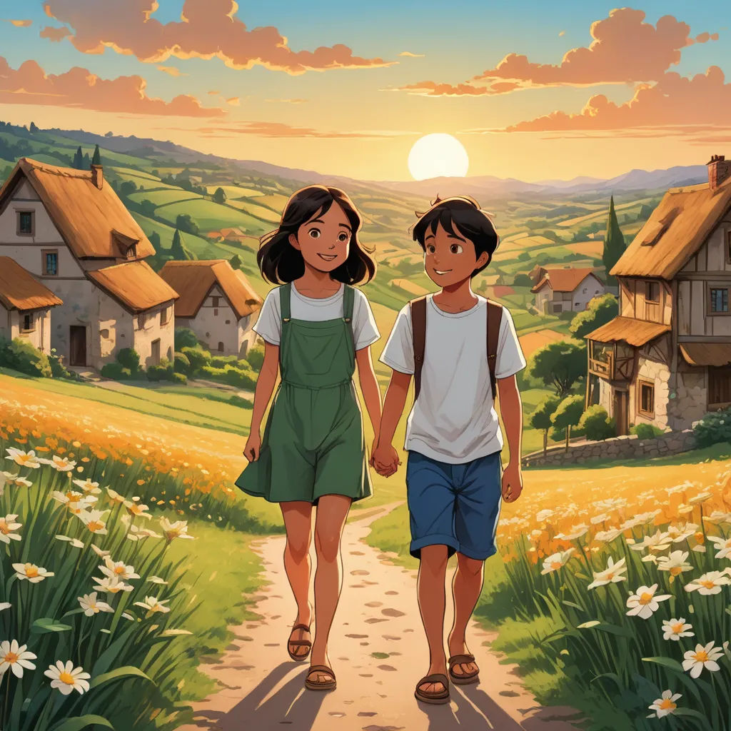 a couple of kids walking down a dirt road next to a field of flowers and a house with a thatched roof, american scene painting, a storybook illustration, Brothers Hildebrandt, ghibli
