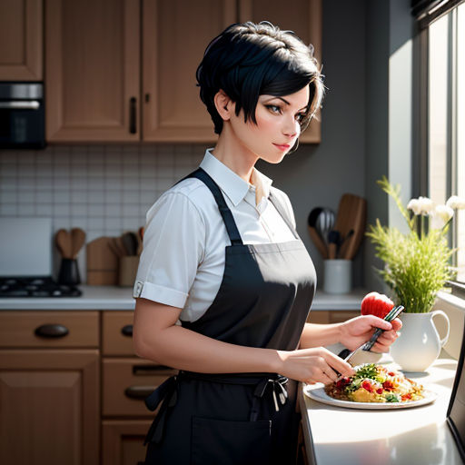 a woman in an apron is preparing a meal in a kitchen with a window behind her and a plate of food on the counter