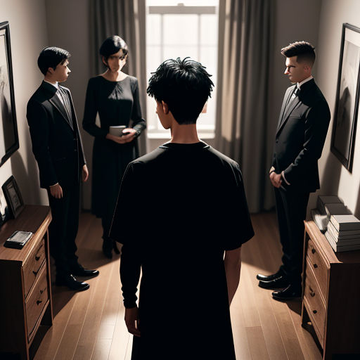 a group of people standing around a room with a window in it and a man in a suit looking at a woman in a black dress