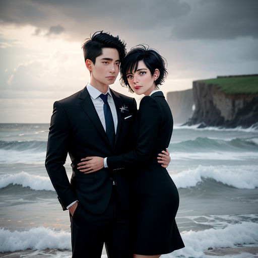 a man and woman standing next to each other on a beach near the ocean with waves crashing in the background