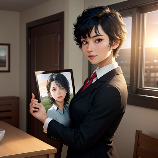 a woman holding a picture of herself in a room with a window and a table with a bowl of fruit