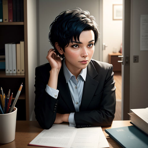 a woman sitting at a desk with a book and pen in her hand and a book in front of her