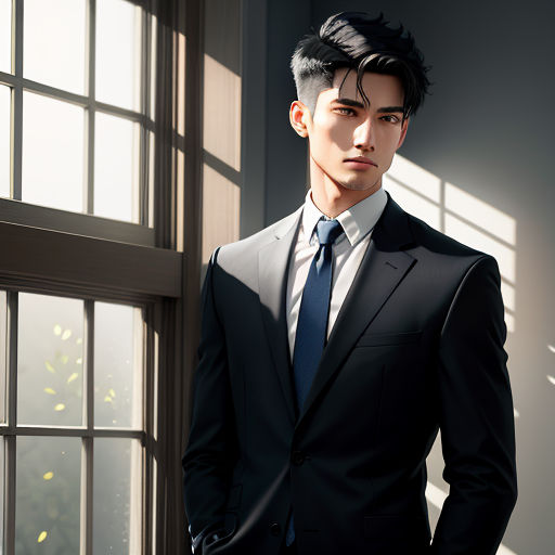 a man in a suit and tie standing in front of a window with a window pane behind him