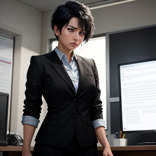 a woman in a suit standing in front of a desk with a monitor on it and a pen in her hand