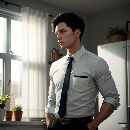 a man in a tie standing in a kitchen next to a window with a potted plant in it