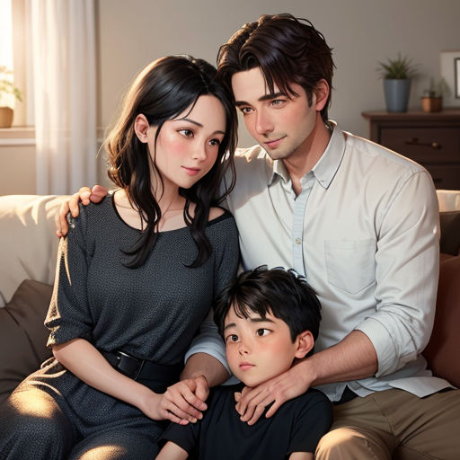 a man and woman sitting on a couch with a boy in front of them and a window behind them
