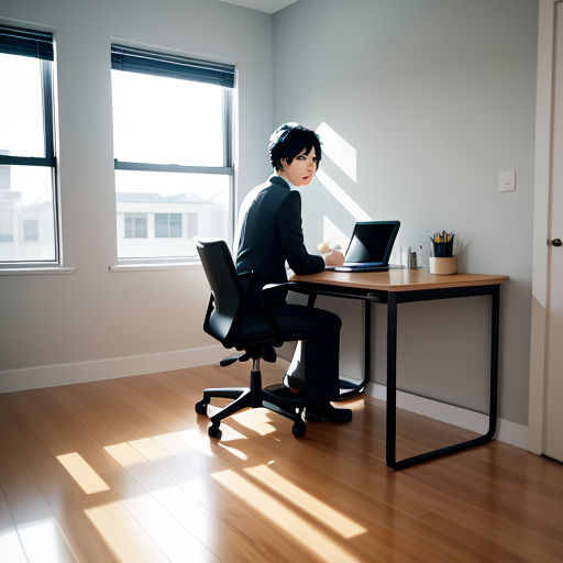 a person sitting at a desk with a laptop computer in front of them and a window behind them with a light shining on them