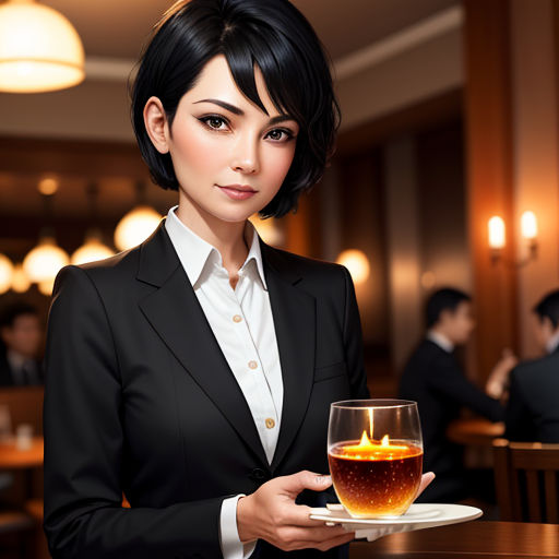 a woman holding a glass of wine on a plate in a restaurant with people in the background at tables