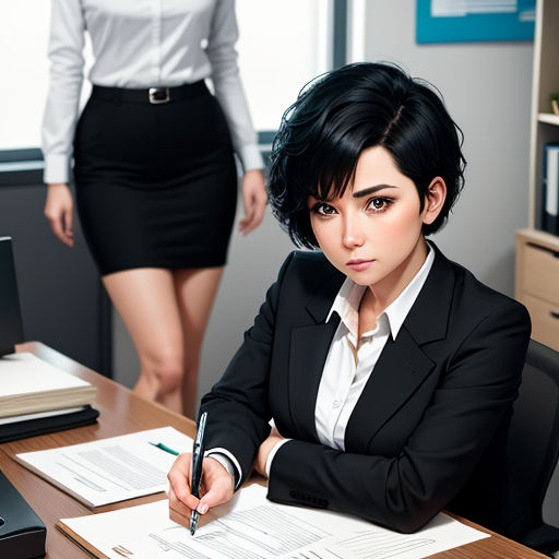 a woman in a suit sitting at a desk with a pen and paper in front of her and a woman in a white shirt