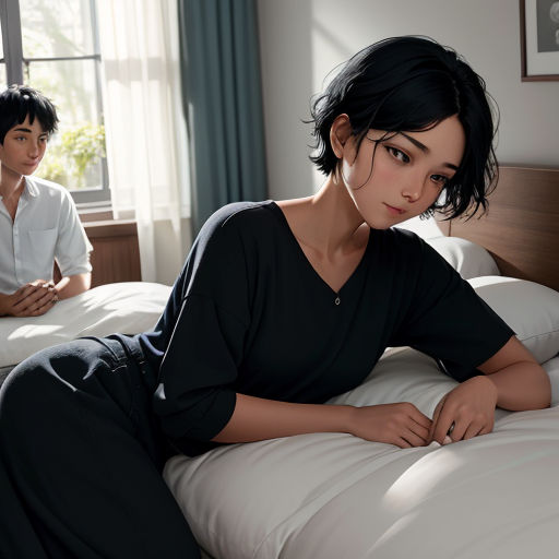 a woman sitting on a bed next to a man in a white shirt and black pants and a window