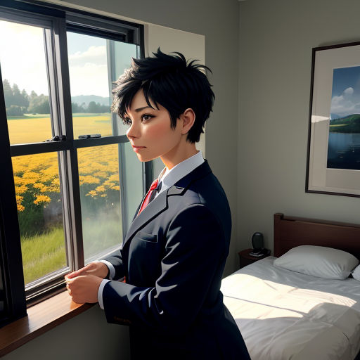 a woman in a suit looking out a window at a field of flowers and a bed with a white comforter