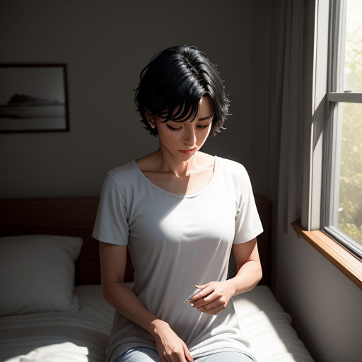 a woman sitting on a bed looking at her cell phone in a bedroom with a window behind her and a bed in the background