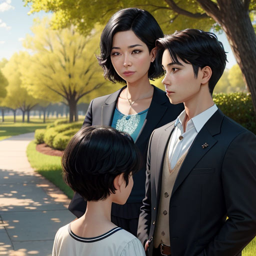 a man and woman standing next to each other in a park with trees and grass in the background and a man in a suit and woman in a white shirt
