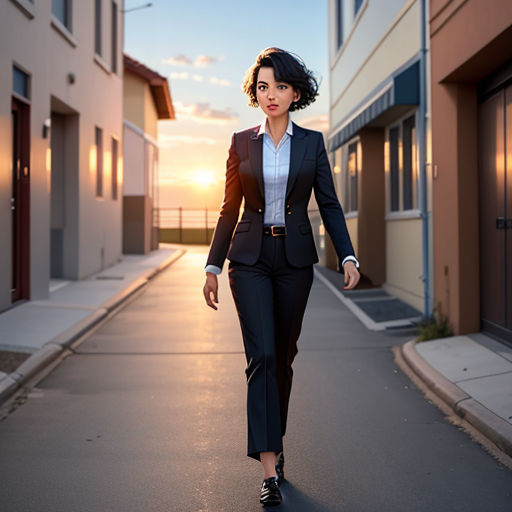 a woman in a suit walking down a street at sunset or dawn with a smile on her face and a black hair
