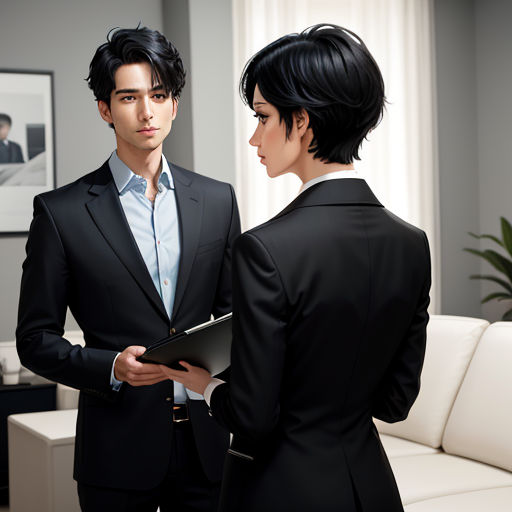 a man and woman in a suit talking to each other in a living room with a white couch and a white table
