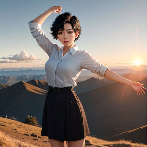 a woman in a skirt posing on a mountain top with her arms outstretched in the air and her hands behind her head
