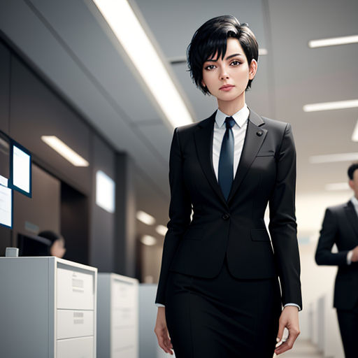 a woman in a suit and tie standing in an office cubicle with two men in the background and a woman in a suit and tie