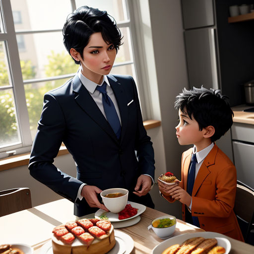 a woman and a boy are eating food at a table in a kitchen with a window behind them and a table with food on it