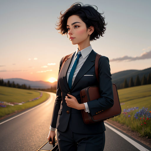 a woman in a suit and tie holding a briefcase on a road with a sunset in the background and a field of flowers