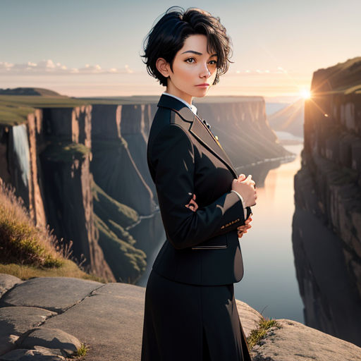 a woman standing on a cliff overlooking a body of water and cliffs in the background with a sunset in the sky