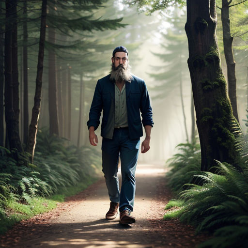 a man with a long beard walking down a path in the woods with trees and grass on both sides