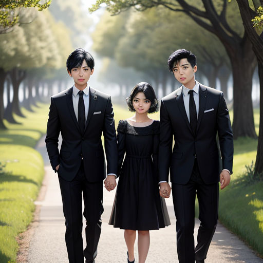 a couple of people that are walking down a road together in suits and ties and holding hands and looking at the camera