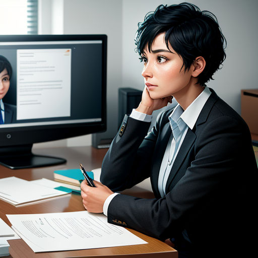 a woman sitting at a desk with a computer monitor and a pen in her hand and papers in front of her