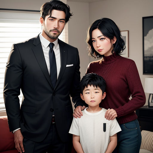 a man and woman standing next to a young boy in a living room with a red couch and a red chair