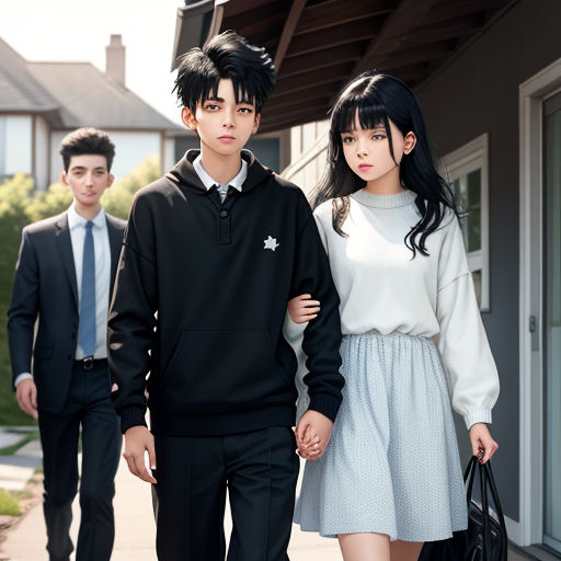 a man and a woman walking down a sidewalk together with a man in a suit and tie behind them