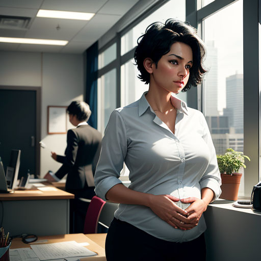 a woman standing in an office with her stomach exposed and a man in the background looking out the window