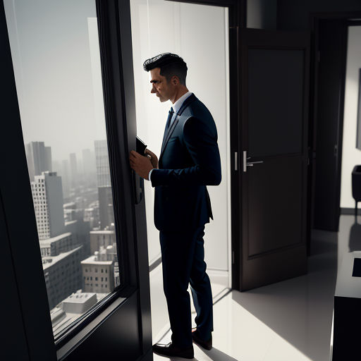 a man in a suit looking out a window at a cityscape in the distance, holding a cell phone