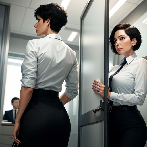 a woman in a business suit standing next to a man in a suit in an office setting with a door open