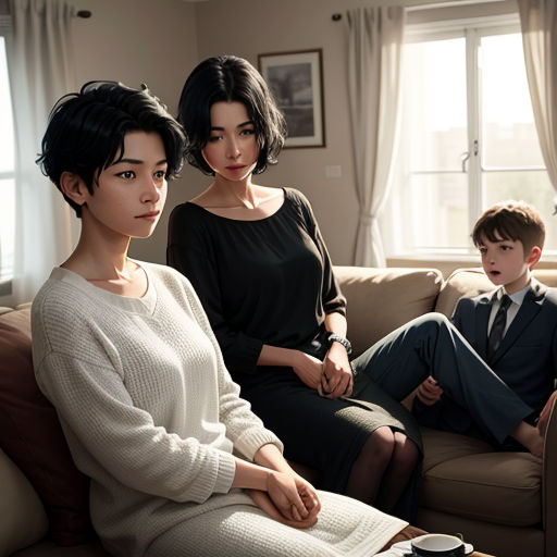 a woman sitting on a couch next to a boy and a woman sitting on a couch in a living room